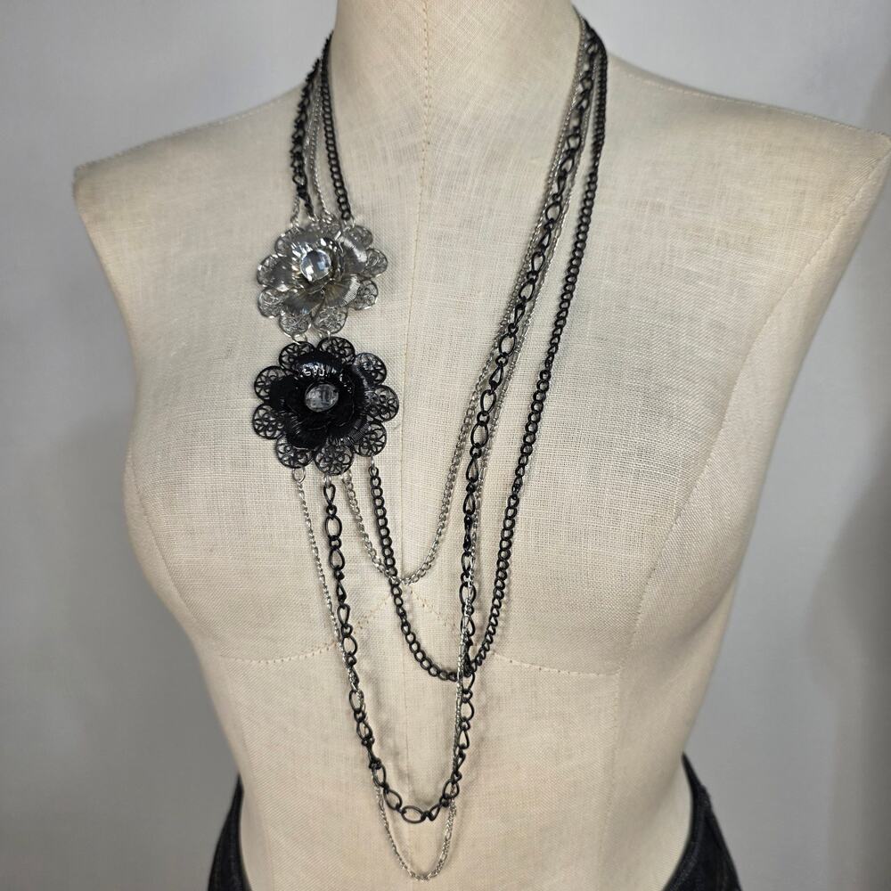 Black Silver Layered Chain Necklace Floral Filigree Statement Gothic